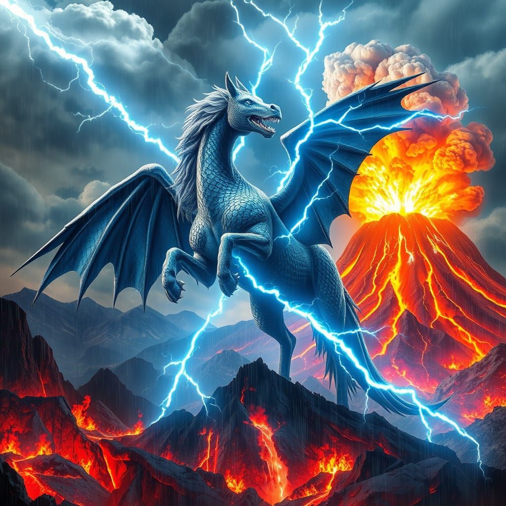 Majestic Dragon-Horse Rearing in Fiery Apocalyptic Storm