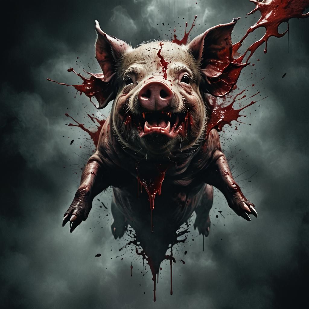 Dark Fantasy Pig Head in Flight Illustration