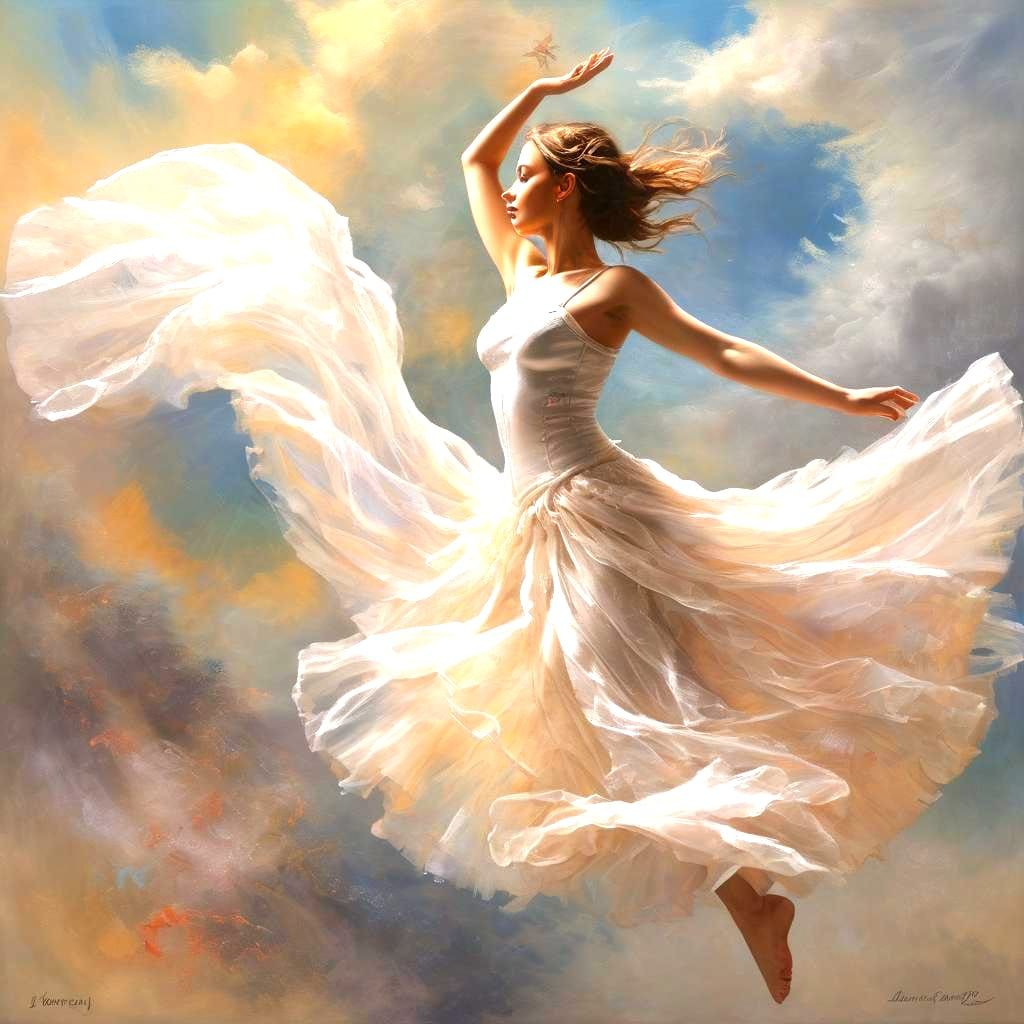 Tulle Fairy Dancer in Heavenly Realm as Impasto Painting