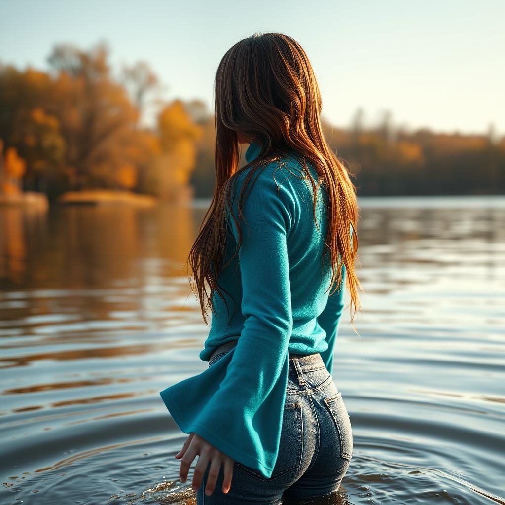 A Woman Wading into a Serene Lake on a Fall Afternoon