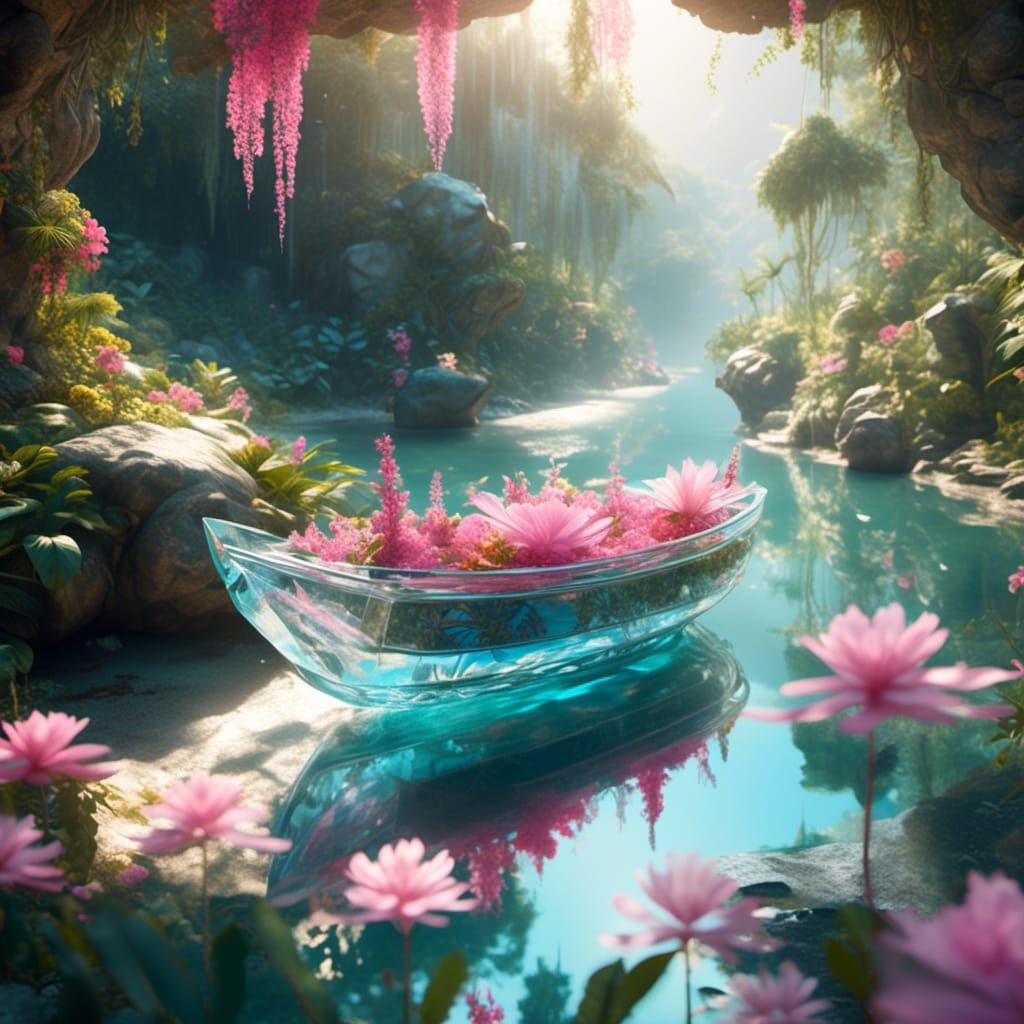 Glass Boat on Brightly Lit Tropical Stream