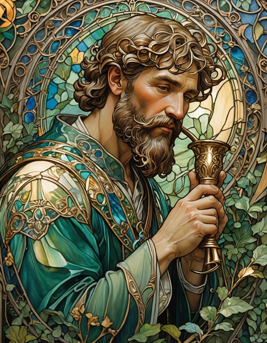 Art Nouveau Stained Glass Portrait with Drinking Horn