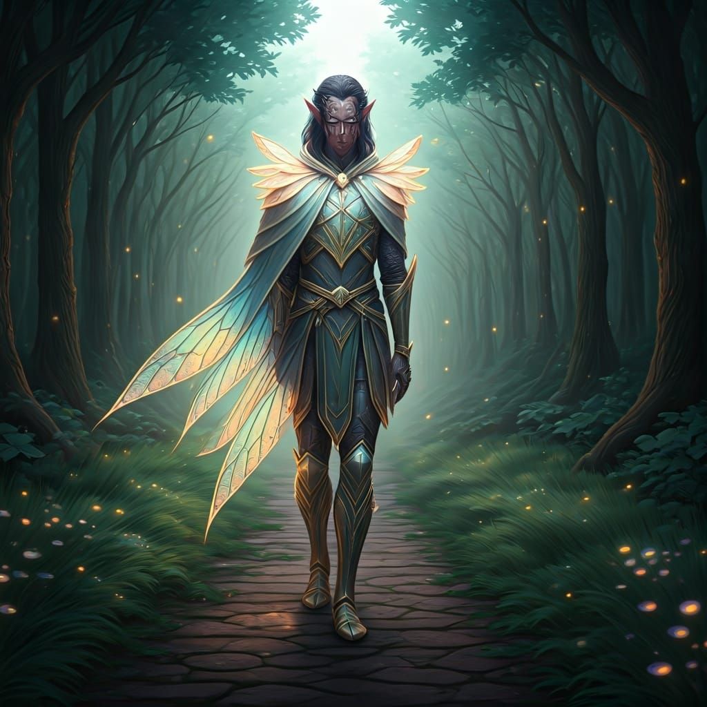 Ethereal Eldarin Knight in Misty Forest