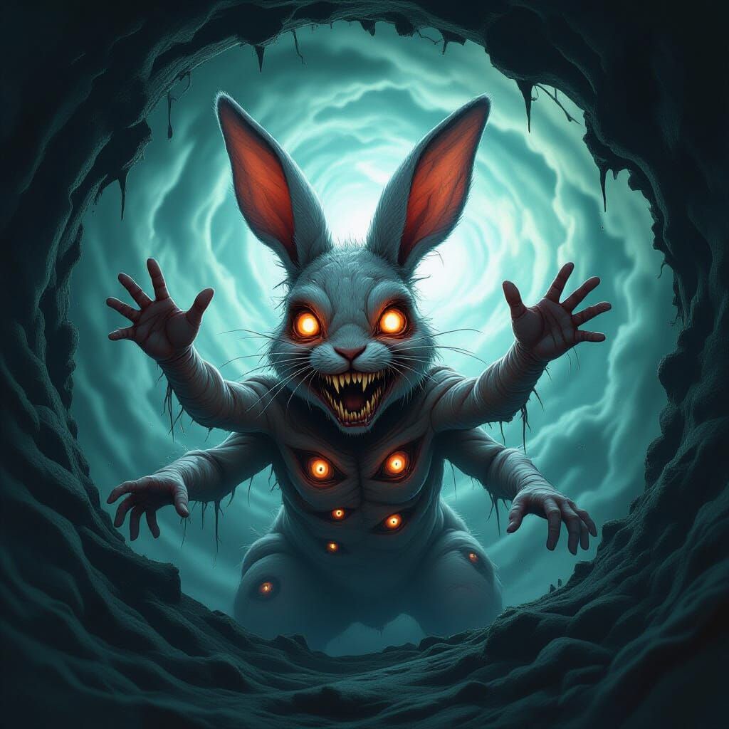 Body Horror Rabbit Creature in Dark Energy Vortex