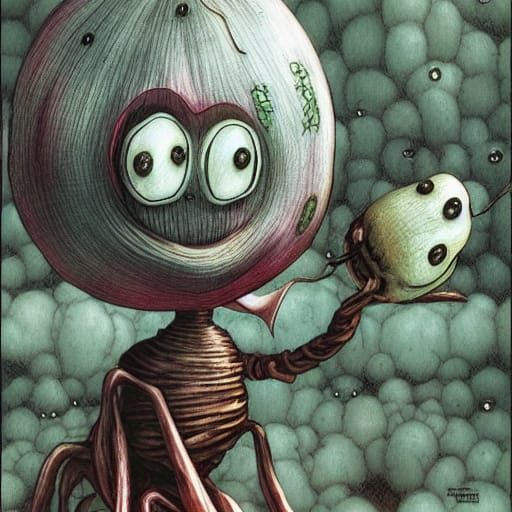 onion man by shaun tan, style of yoshitaka amano, style of junji ito