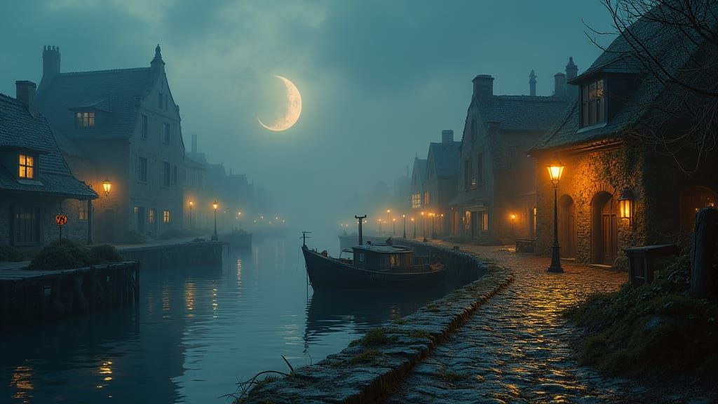 Quaint Harbor Town at Twilight, Enveloped in Ethereal Fog