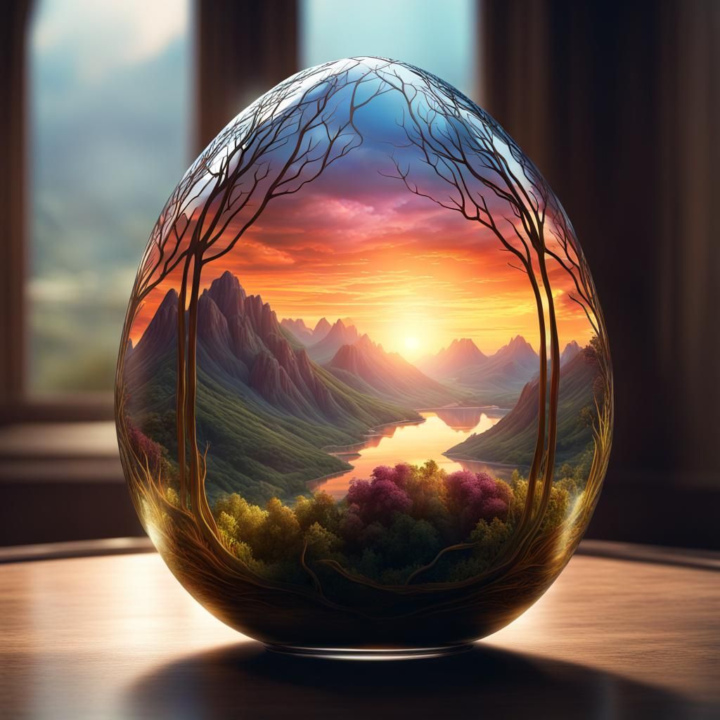 Landscape Inside Glass Egg: Photorealistic CGI Rendering