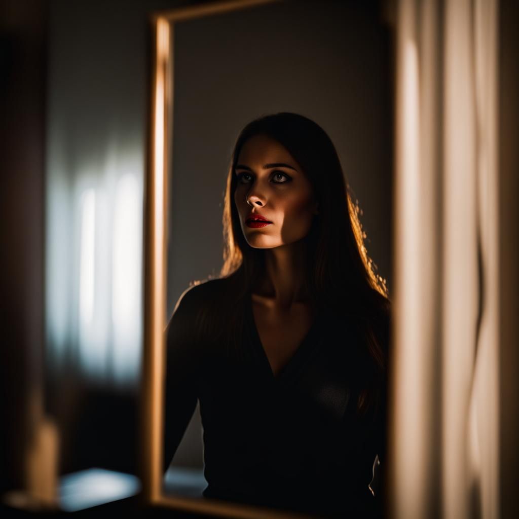 Terrified Woman and Shadow in Mirror