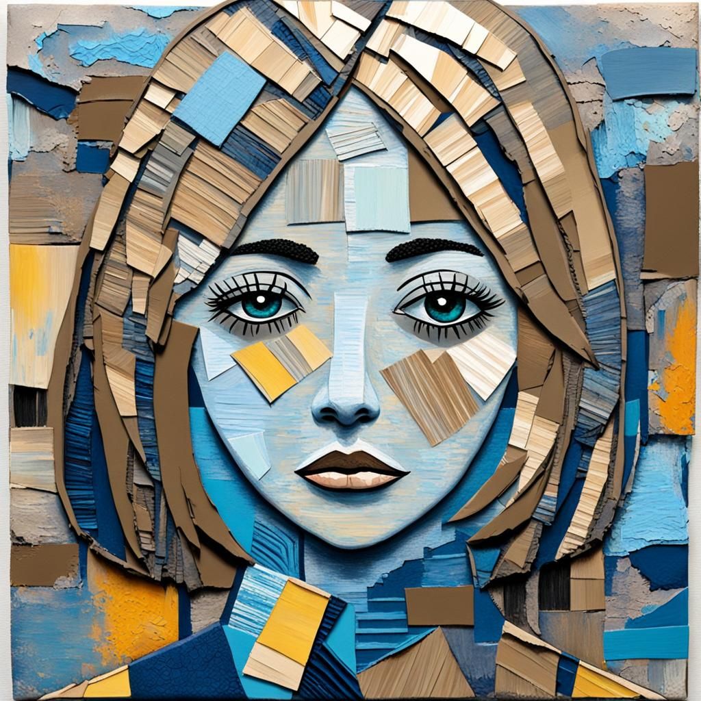 Sad Girl Painting with Impasto and Collage Elements