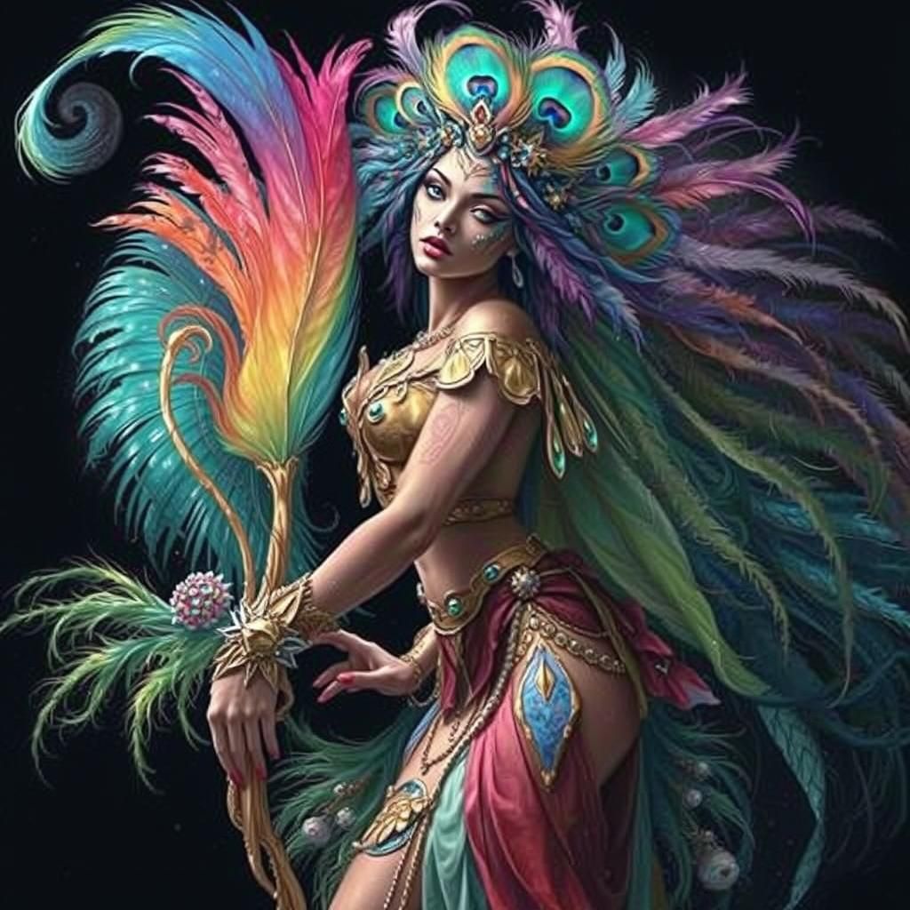 Cosmic Woman with Rainbow Skin and Peacock Feathers