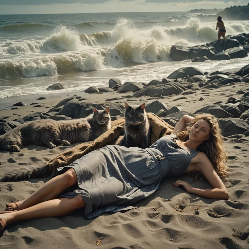 Nebelung Cat in Tsunami with Sunbathing Woman