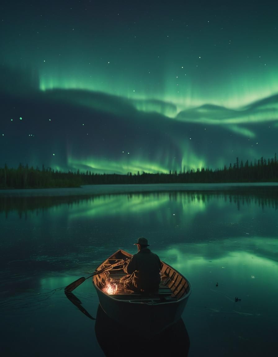 Peaceful Night Fishing Under Northern Lights