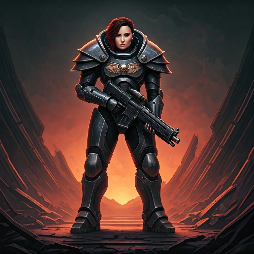 Heroic Figure in Power Armor in Sci-Fi Landscape