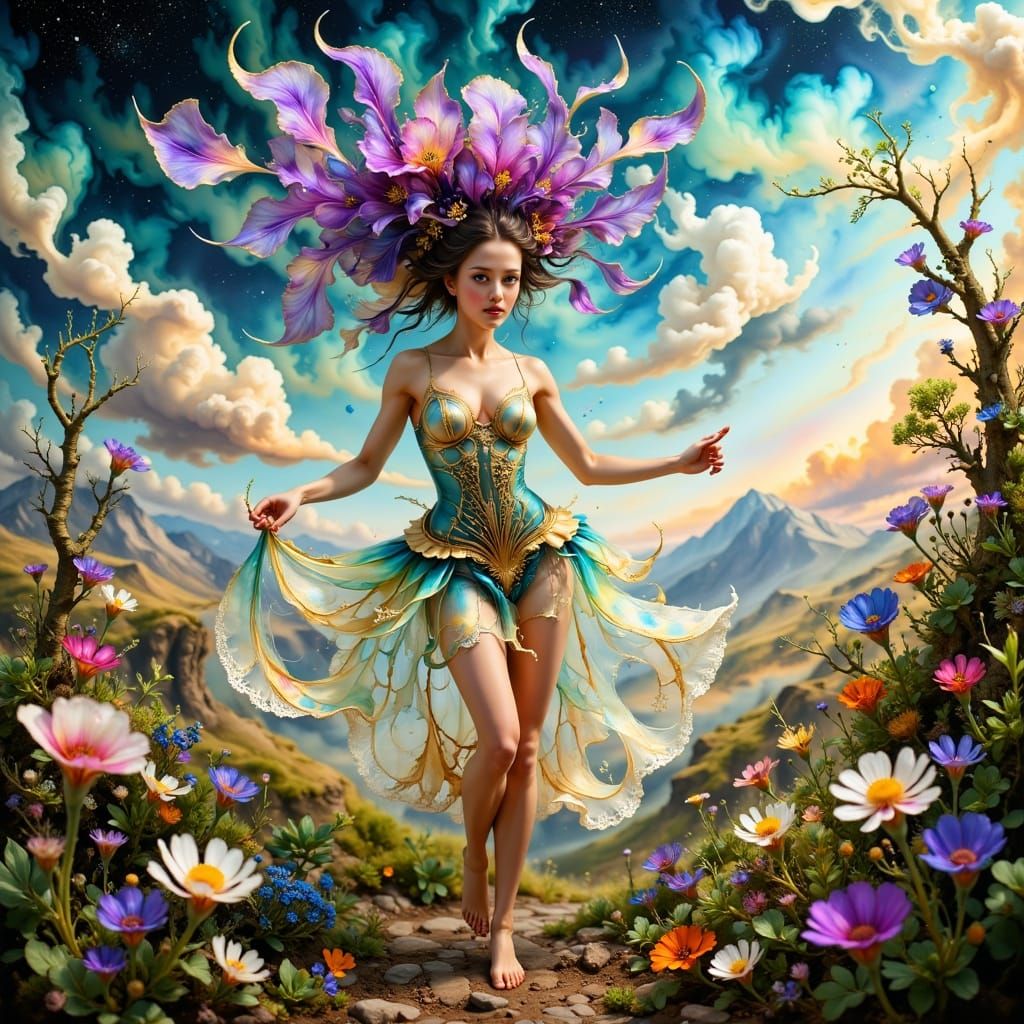 Whimsical Pixie Dancer in a Vibrant Floral Wonderland
