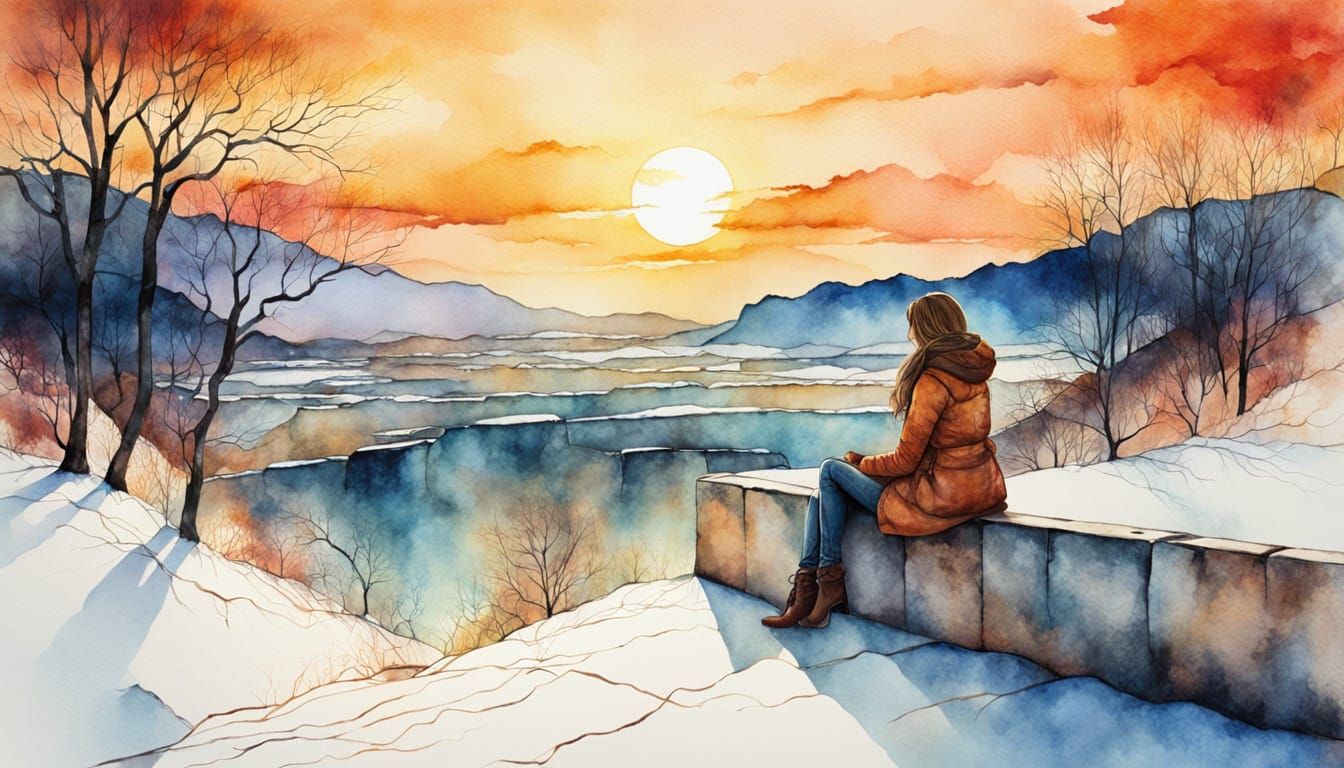 Woman Watching Sunset: Watercolor and Alcohol Ink Art