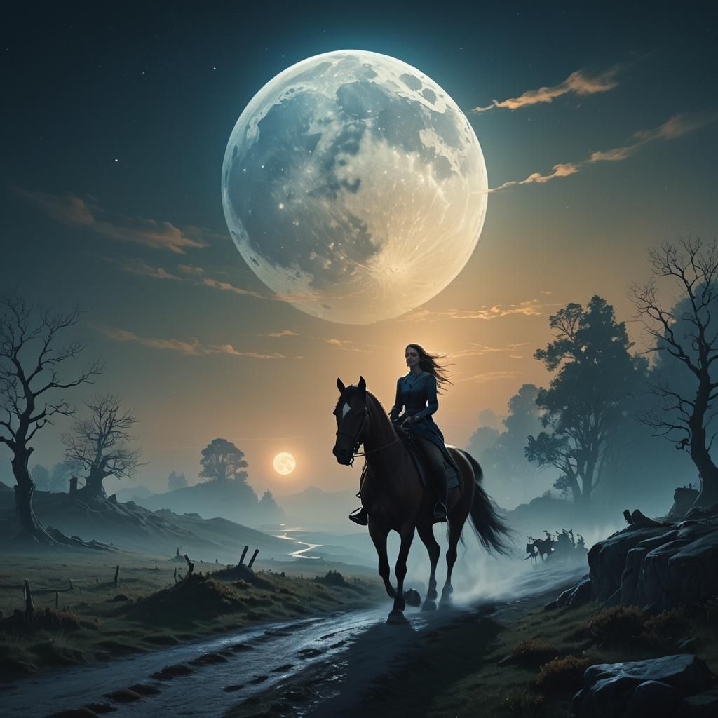 Irish Girl on Horseback Under Moonlight in Fantasy Style