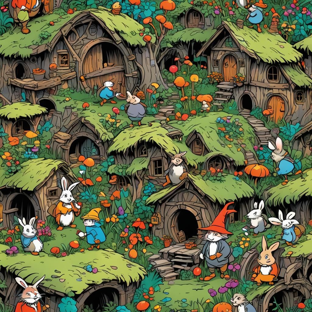 Whimsical 3D Cartoon: Rabbits and Hobbits in Hobbiton