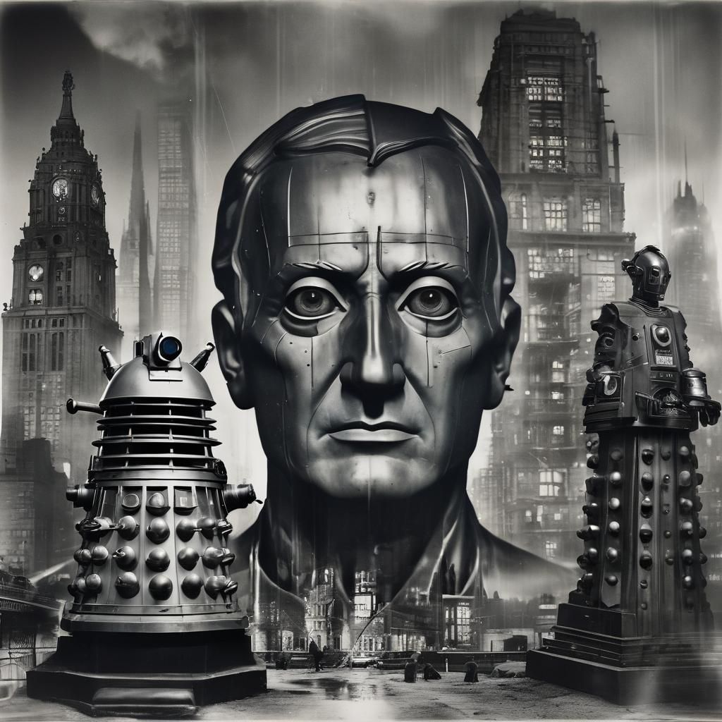 Cyberpunk Dalek Cyberman Portrait in Double Exposure Style