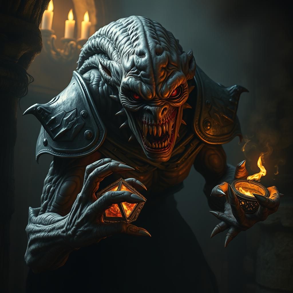 Grotesque Dark Fantasy Creature Emerging from Shadows