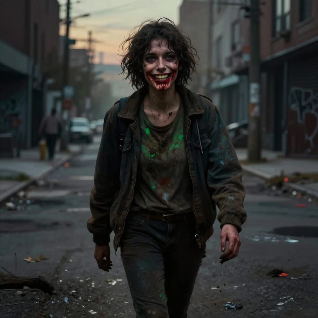 Defiant Figure Marches Through Gritty Urban Dawn