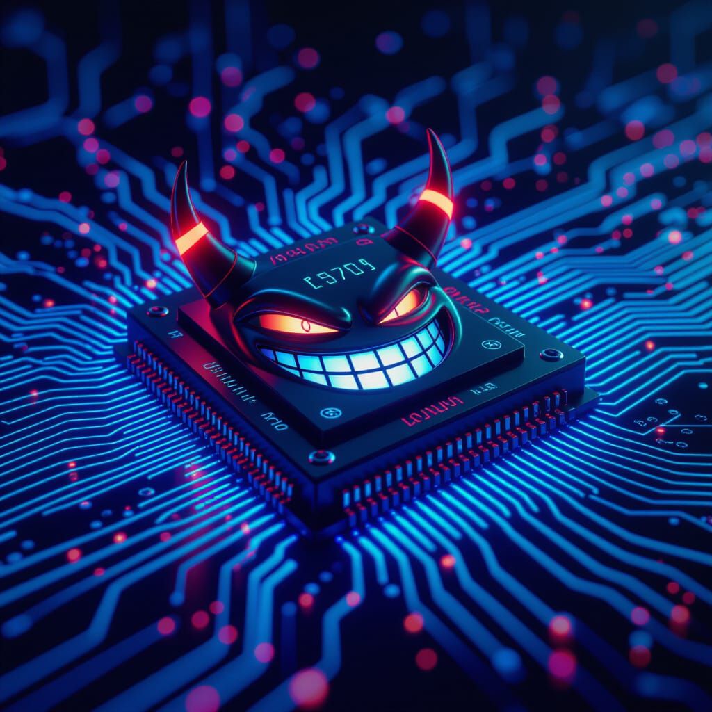 Mischievous Microchip with Devil Horns in CGI Style