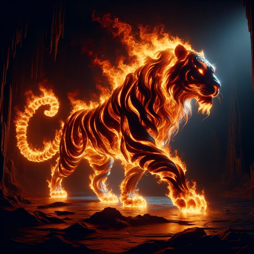 Fiery Mythical Tiger Roams Darkened Realm
