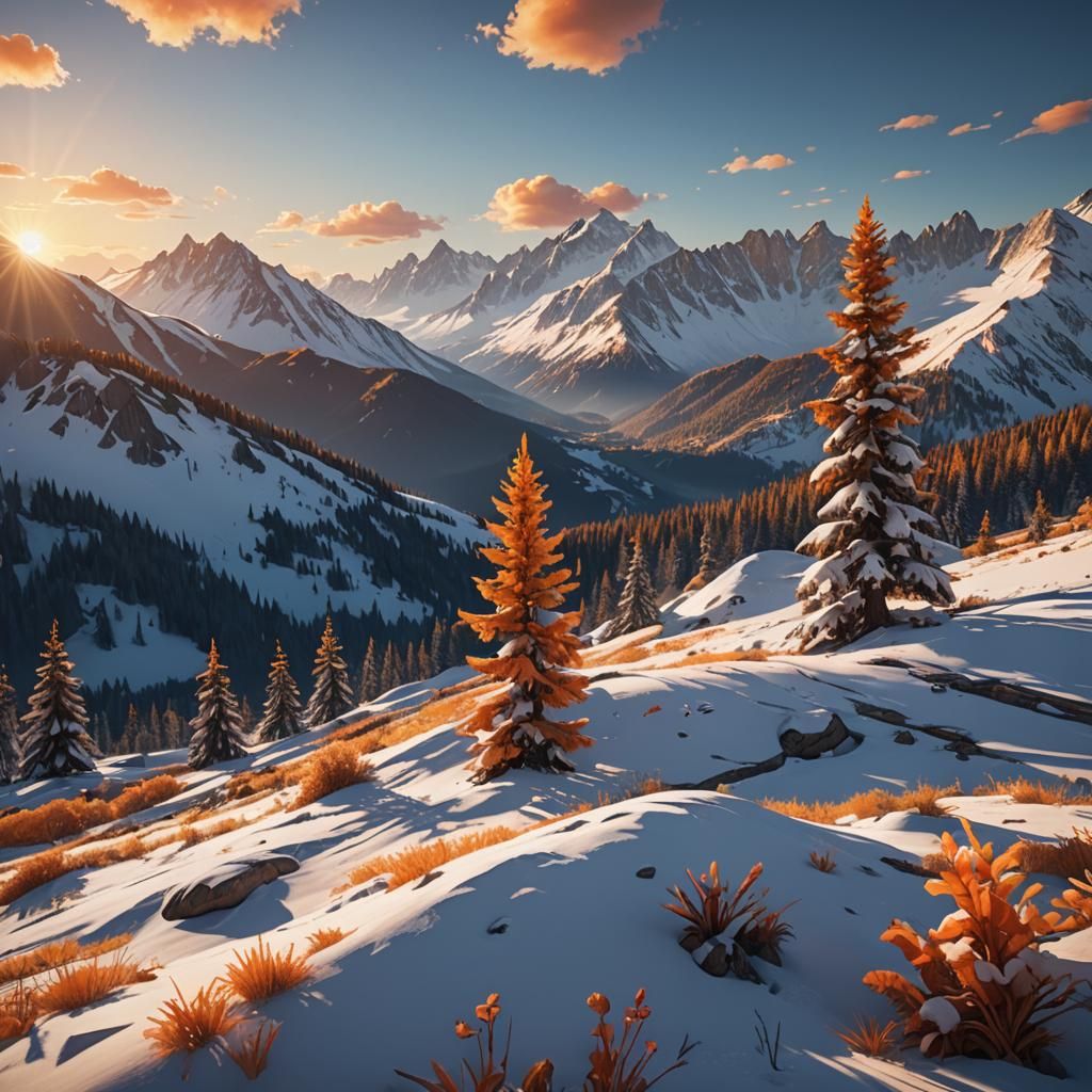 Snow-Capped Peaks at Sunrise: A Digital Masterpiece