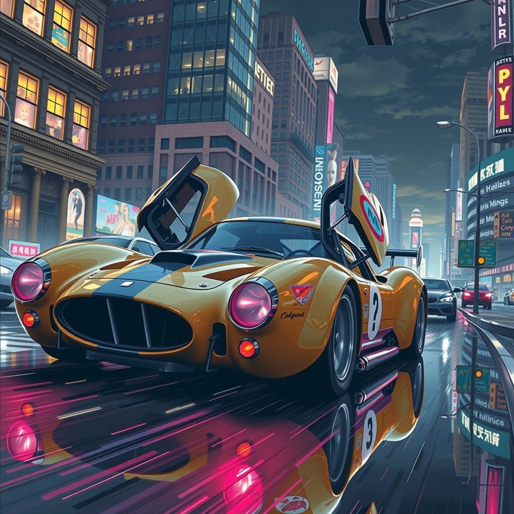 Futuristic Cityscape with Speeding Sports Cars at Dusk