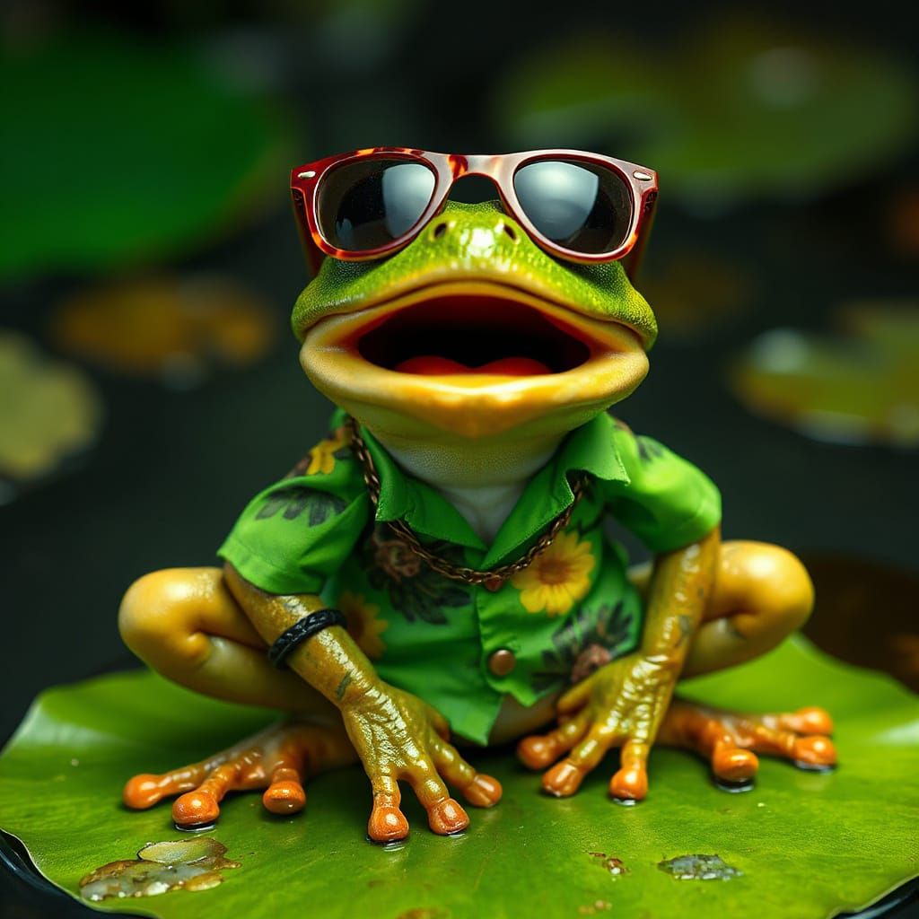 Comically Shocked Frog in Hawaiian Shirt on Lily Pad