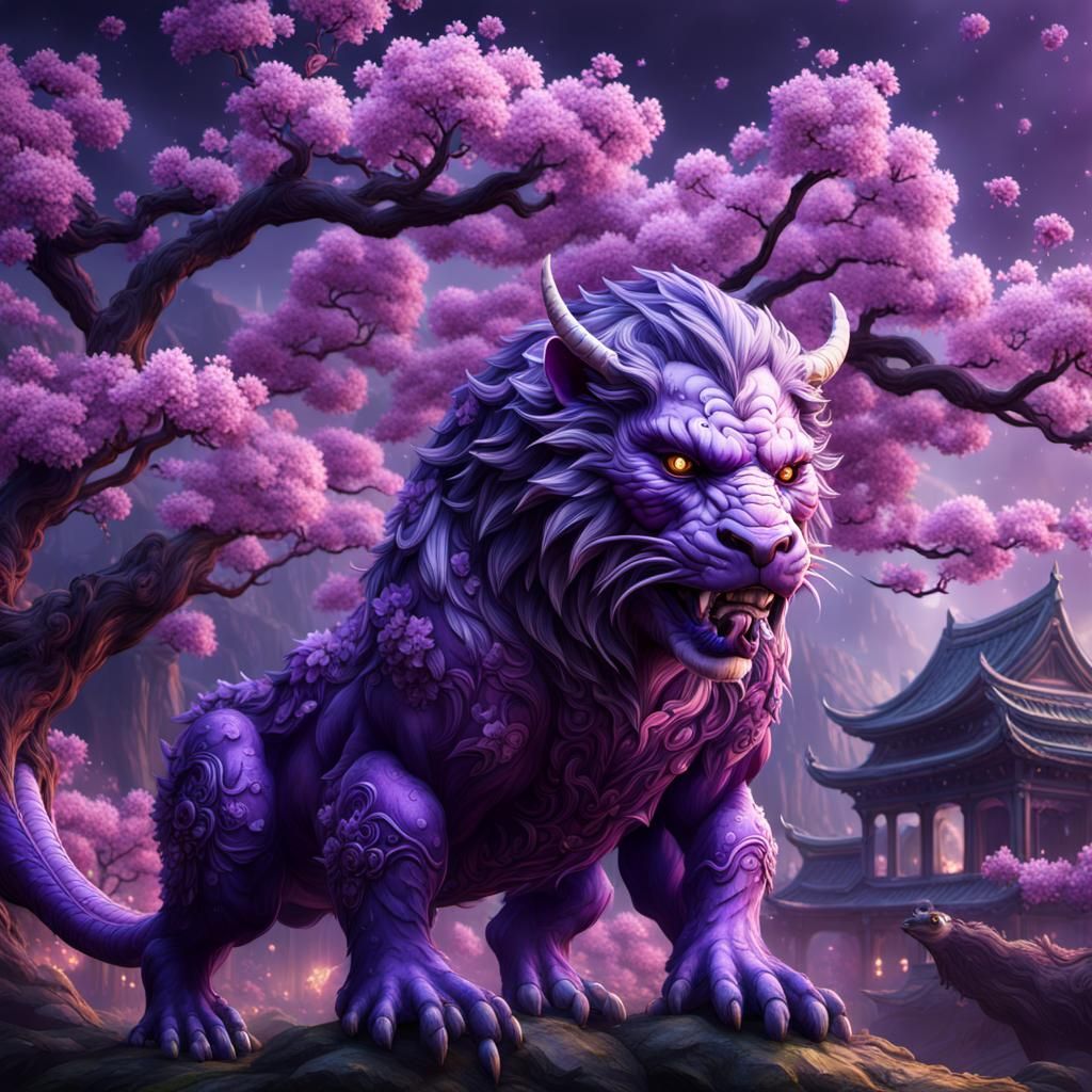 Purple Cherry Blossom Chimera: Detailed Fantasy Art