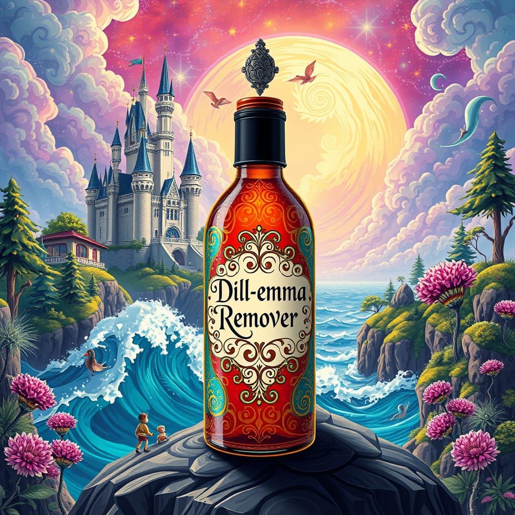 Whimsical Castle Bottle in Vibrant, Realistic Scene