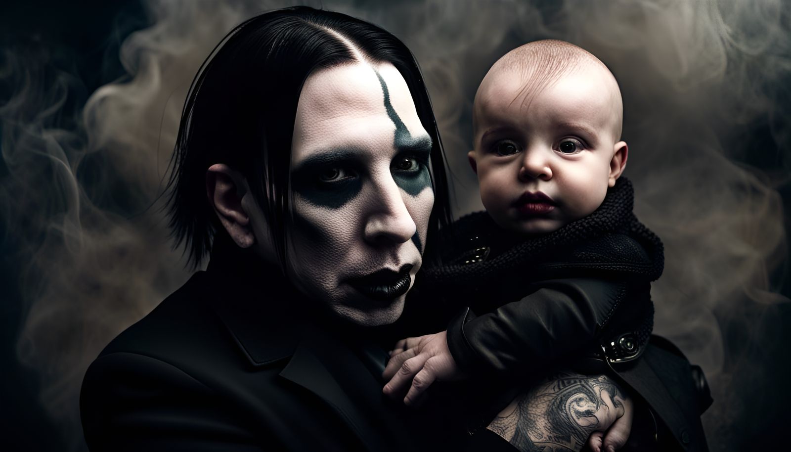Marilyn Manson holding a goth baby