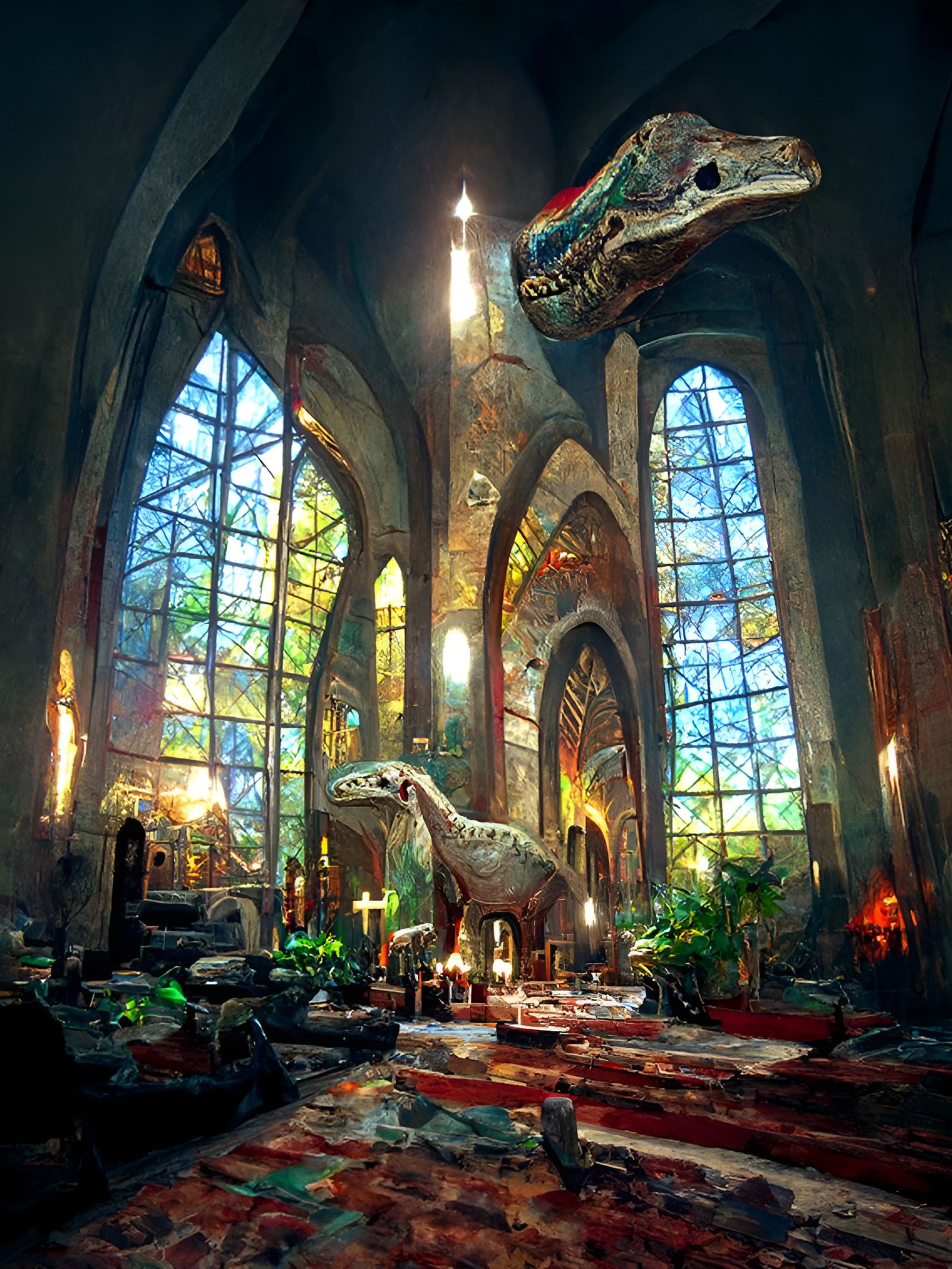 Dinosaur Cathedral Interior with Stained Glass, Digital Art