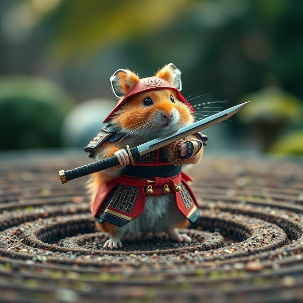Hamster Samurai in Zen Garden, Photographic Style