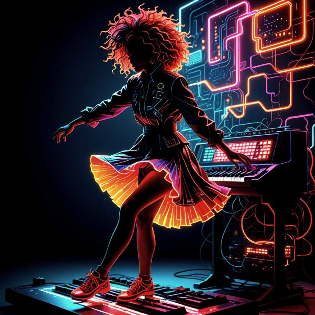 Cybernetic Dancer in Backlit Sci-Fi Papercut Style