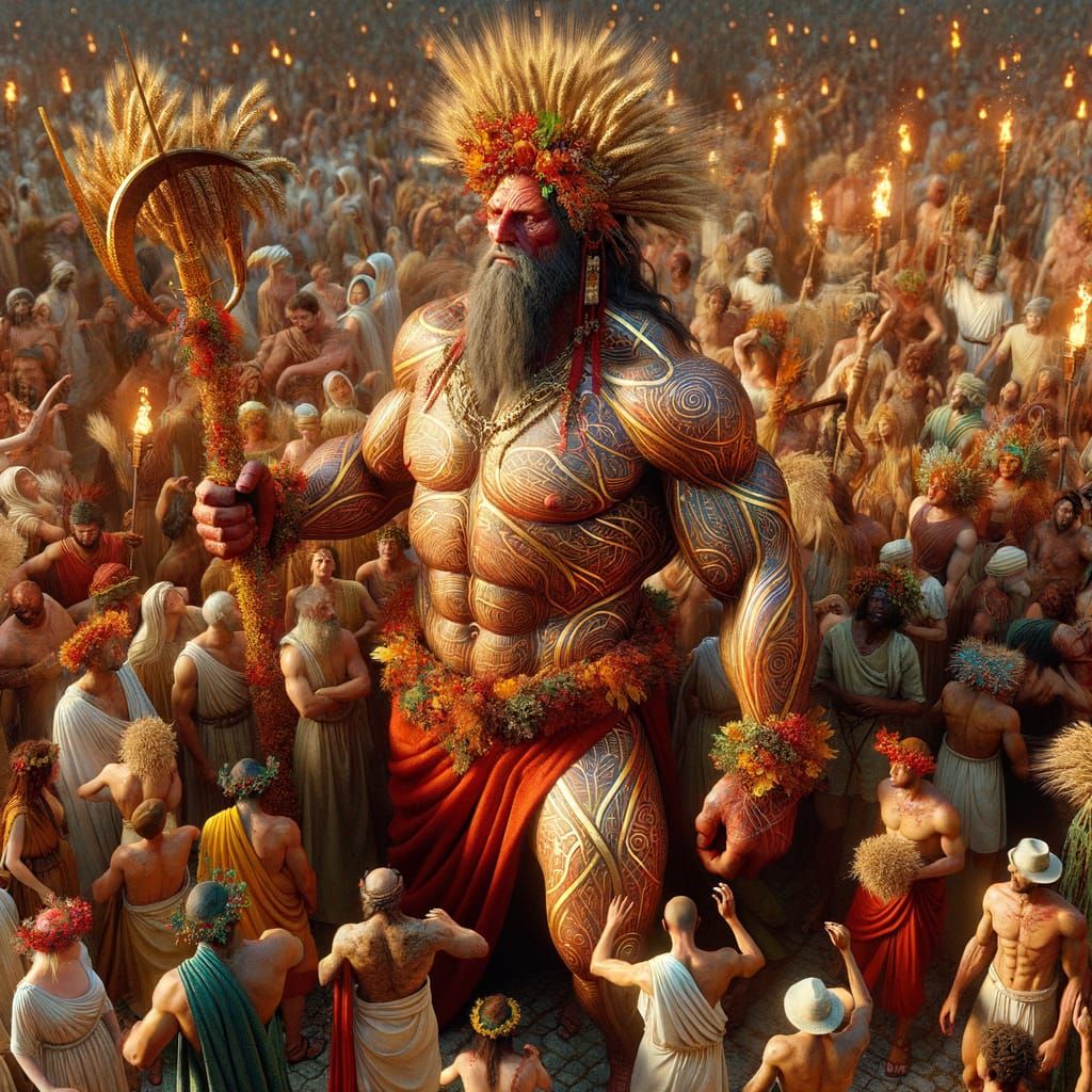 Golden Giant in Ancient Roman Saturnalia Scene