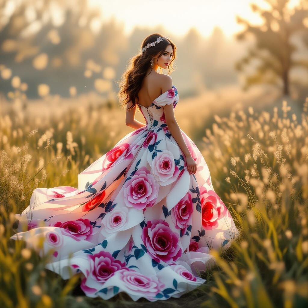 A striking picture of a woman in an abstract rose gown. The ...