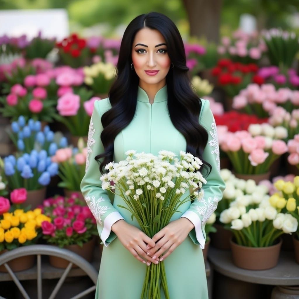 Vietnamese Woman at Flower Market, Detailed Matte Painting