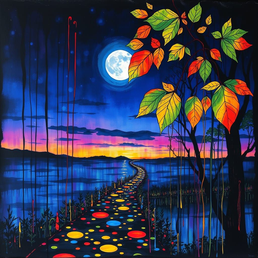 Surreal Midnight Landscape in Vibrant Double Exposure Style