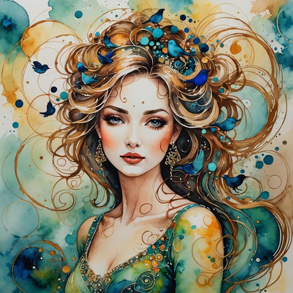 Dreamy Lady with Birds in Watercolor and Ink