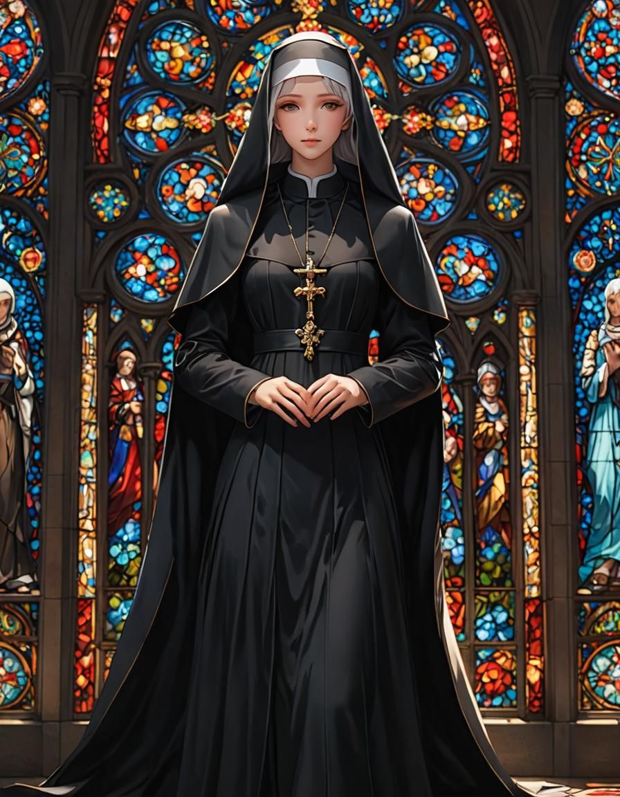 Nun in Black Dress with Stained Glass Background