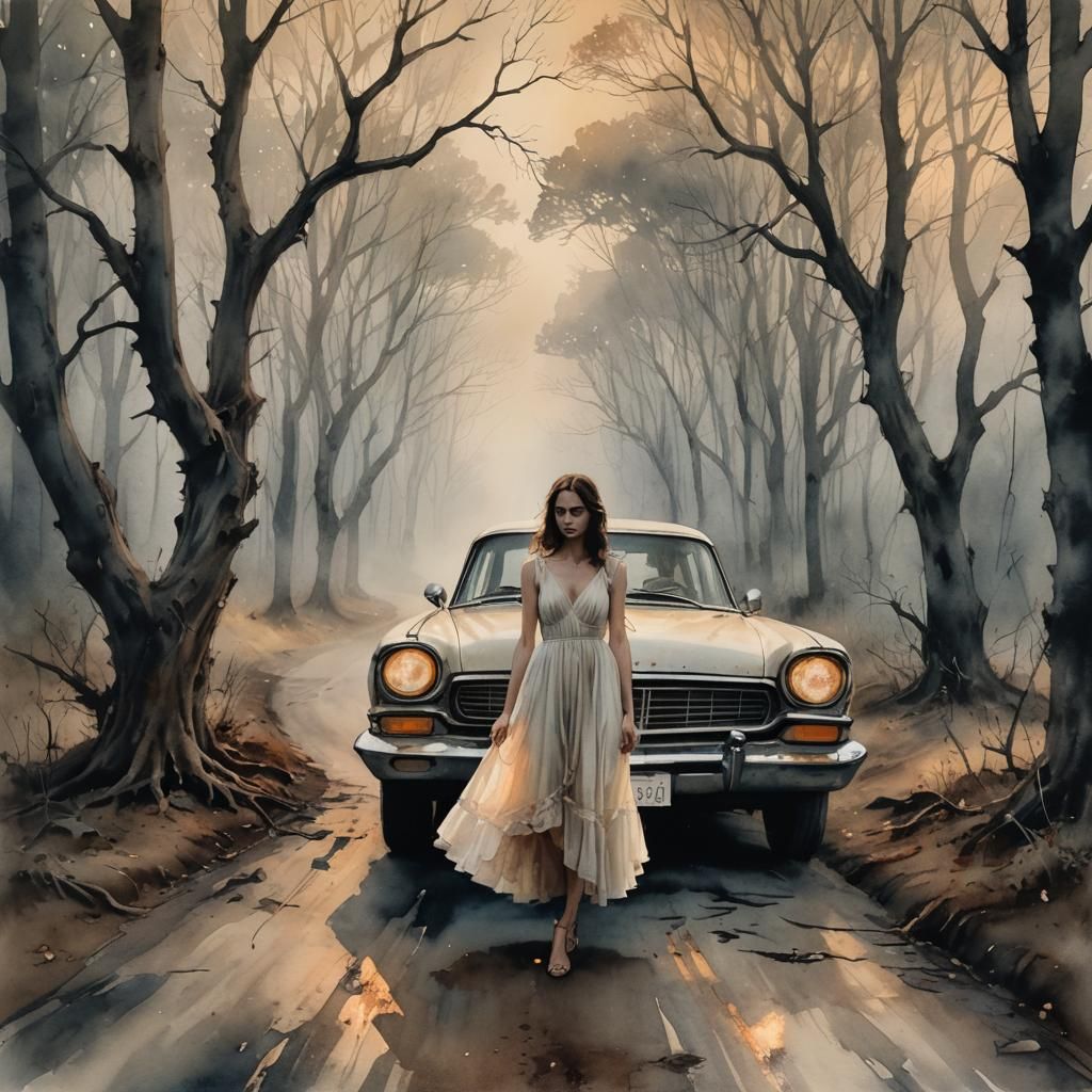 Eerie Figure on Forest Road in Watercolor Style