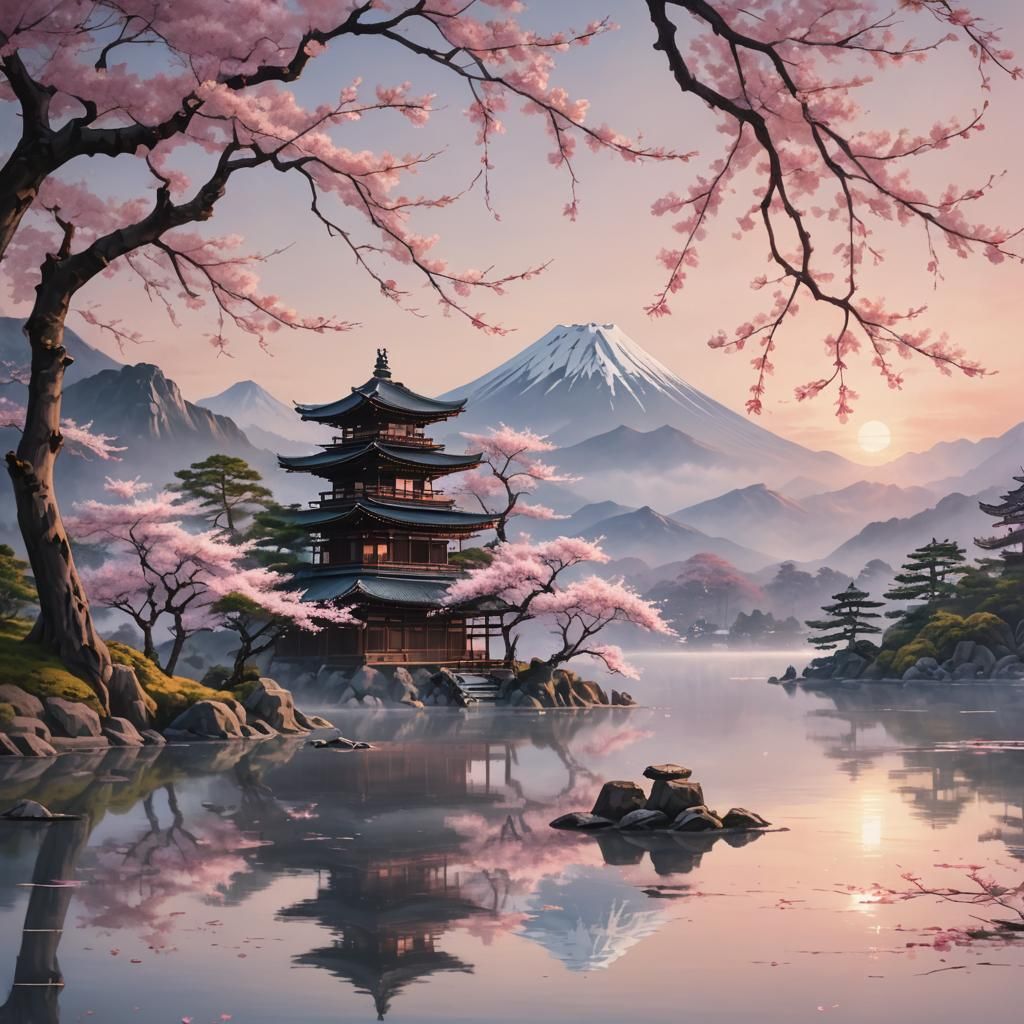 Sakura Tree in Japanese Landscape, Oil on Canvas