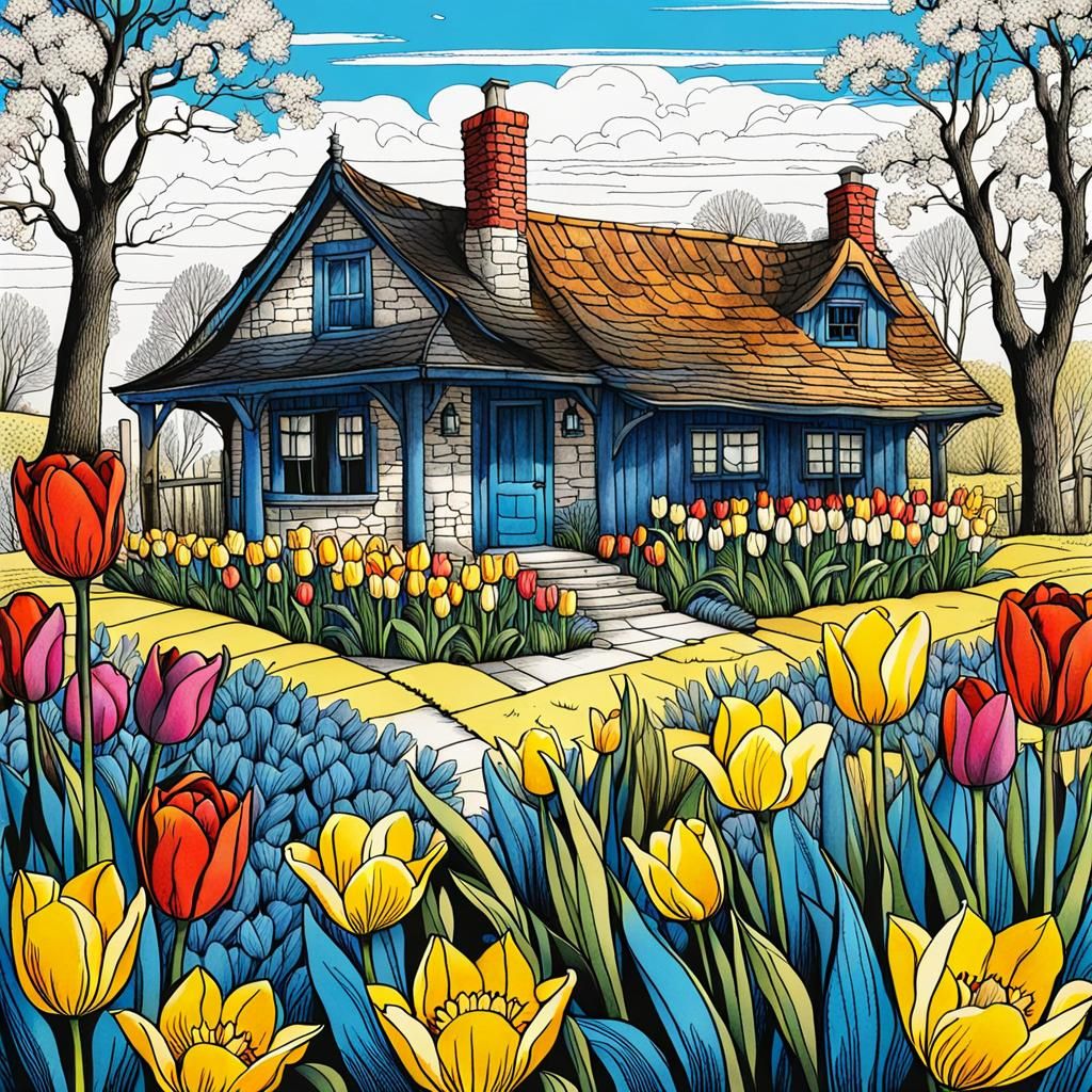 Springtime Cottage in Pen and Ink Illustration