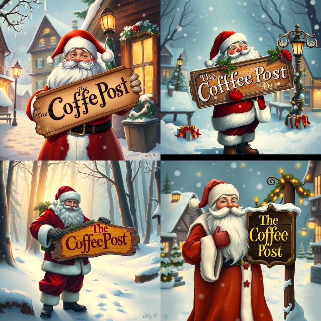 Father Christmas With "The Coffee Post" Sign in Snowy Scene
