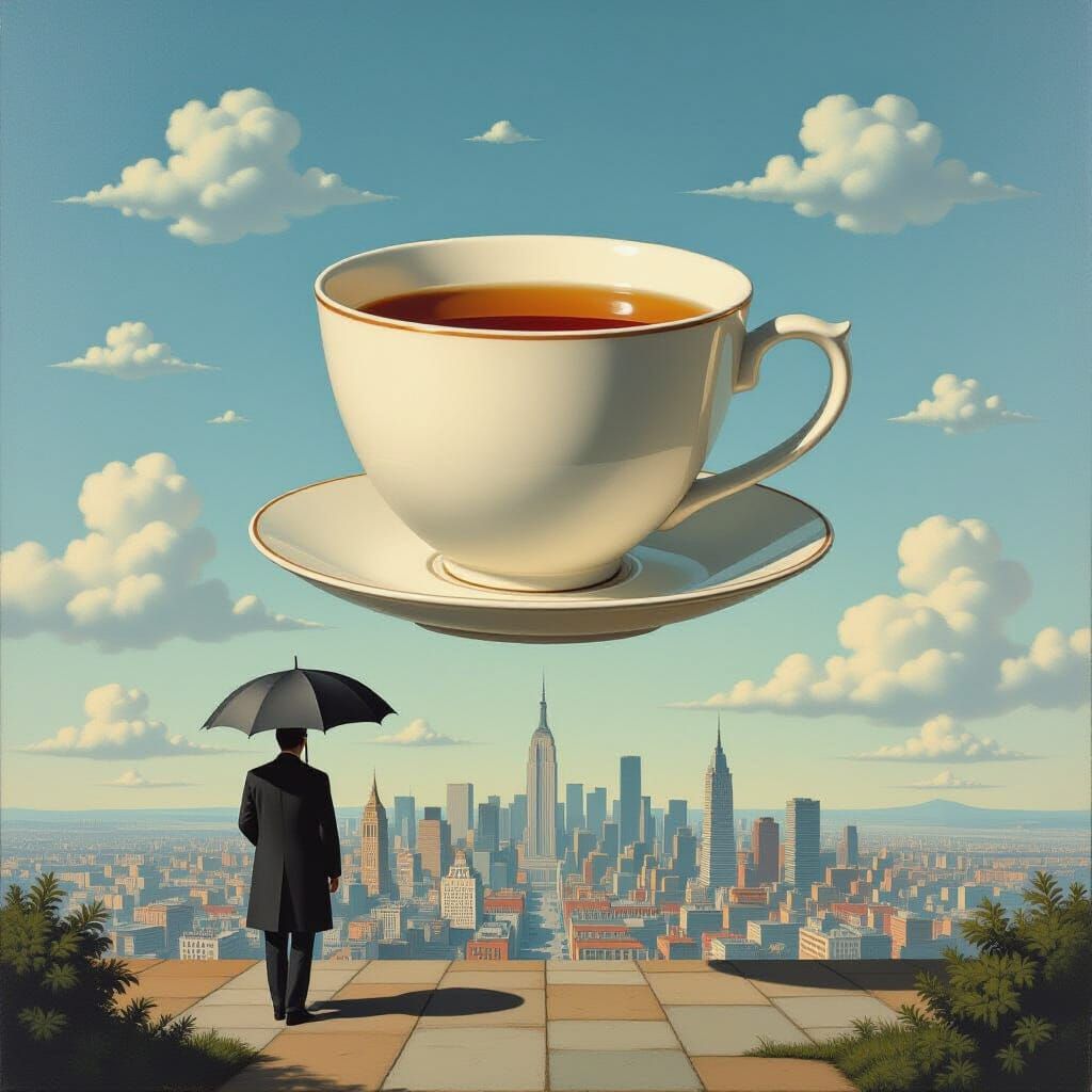Surreal Oil Painting: Teacup Sky Over Miniature City