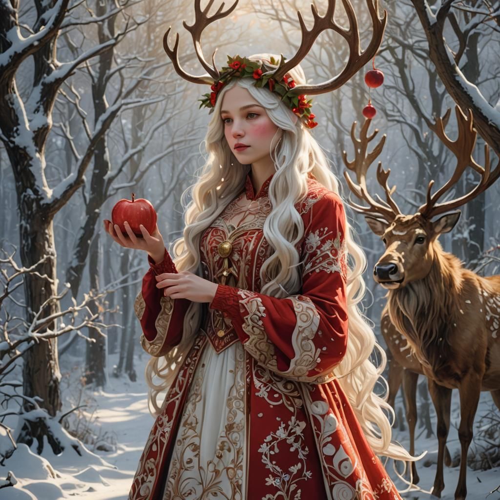 Art Nouveau Girl with Reindeer in Snowy Forest