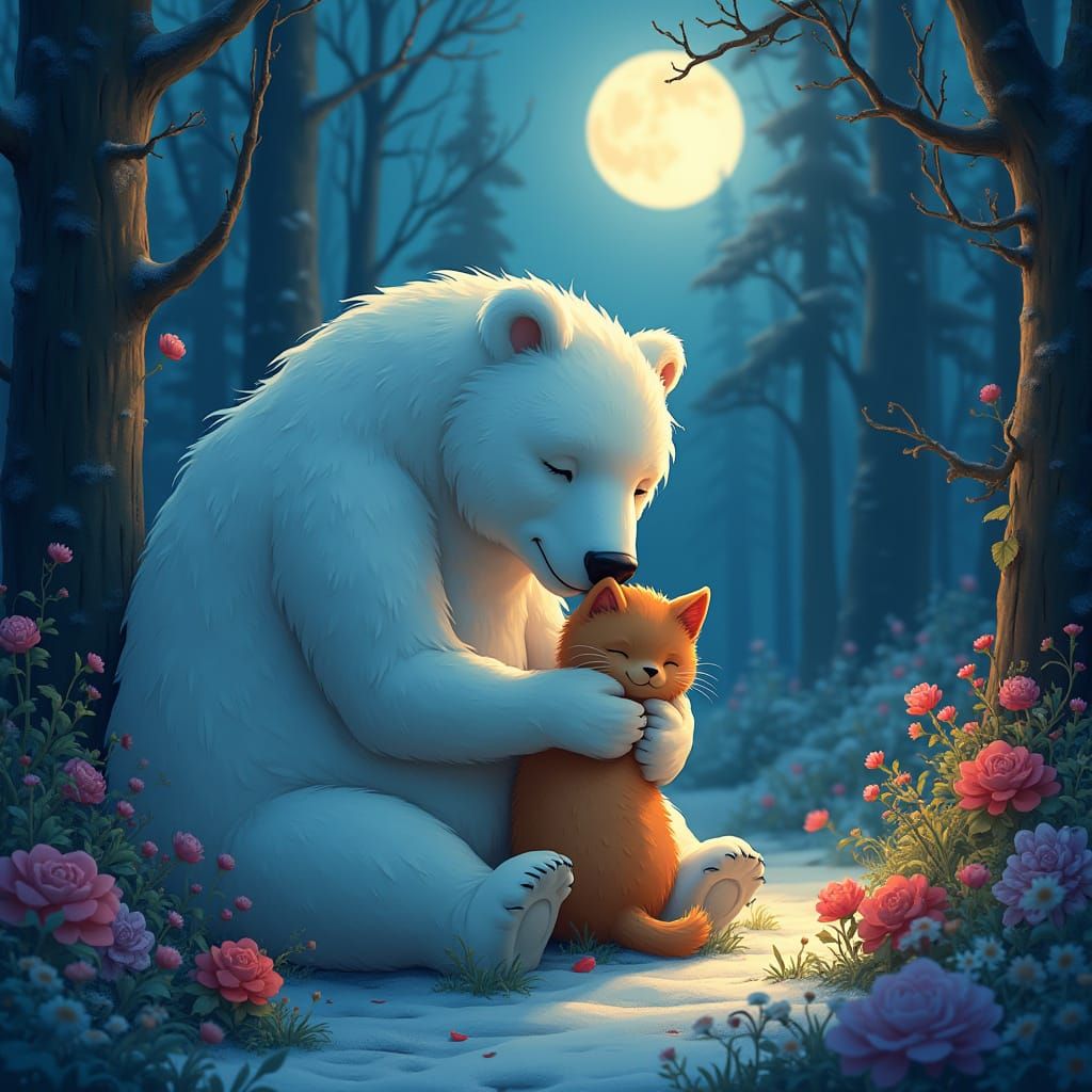 Ice Bear and Cat Cuddle in Magical Forest