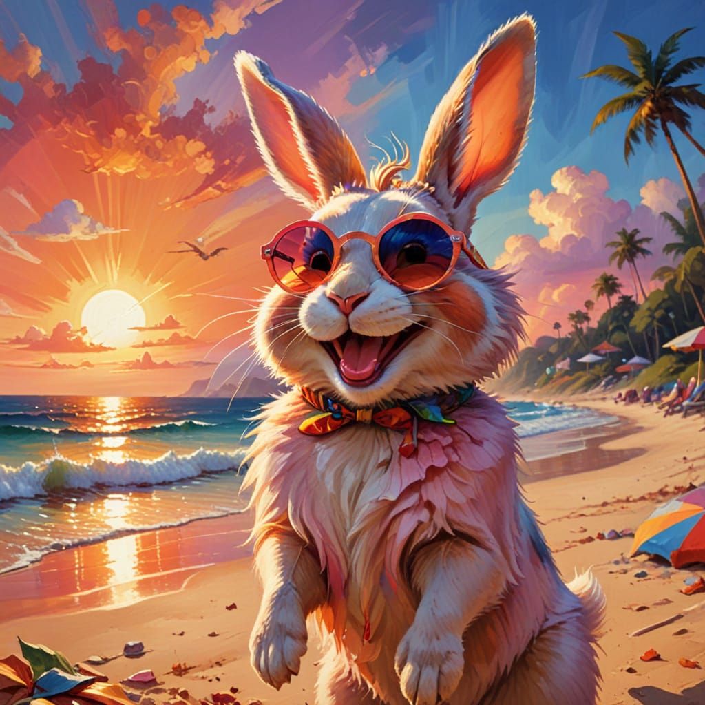 Hippy Rabbit Laughing on Sunset Beach