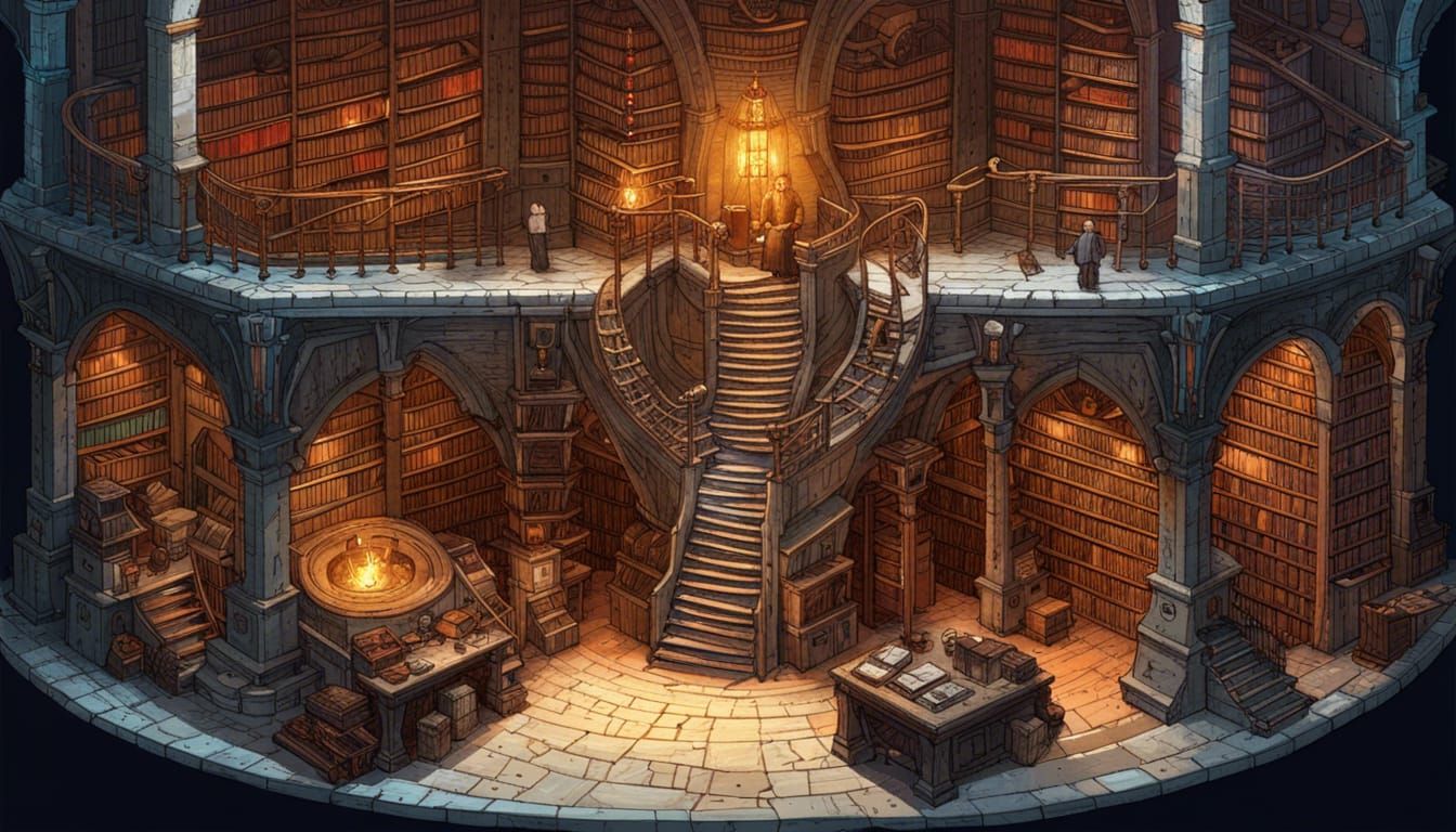 Isometric Mage Library with Glowing Glyphs